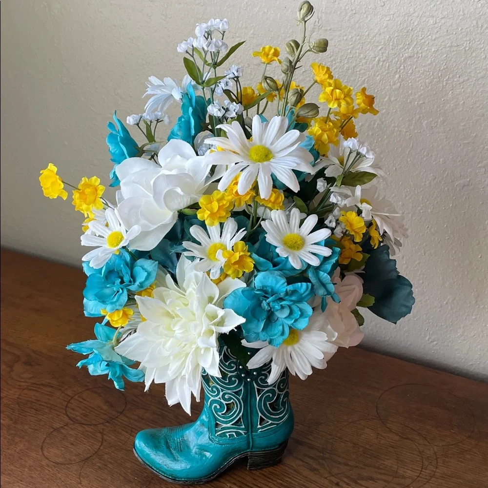 Sweet Silk Arrangement in a Turquoise Boot-Home or Office Decor